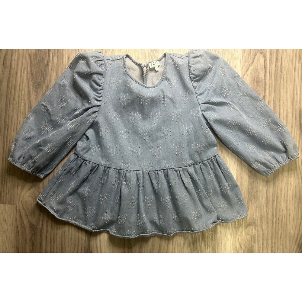 TCEC Light Wash Denim Textured‎ Peplum Blouse Long Sleeve Size M heart valentine